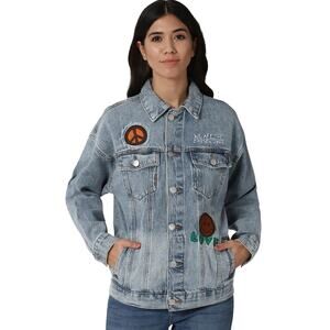 Forever 21 Embroidered Denim Jacket, Ron Bass Patches, Freedom, Peace, Size 3XL